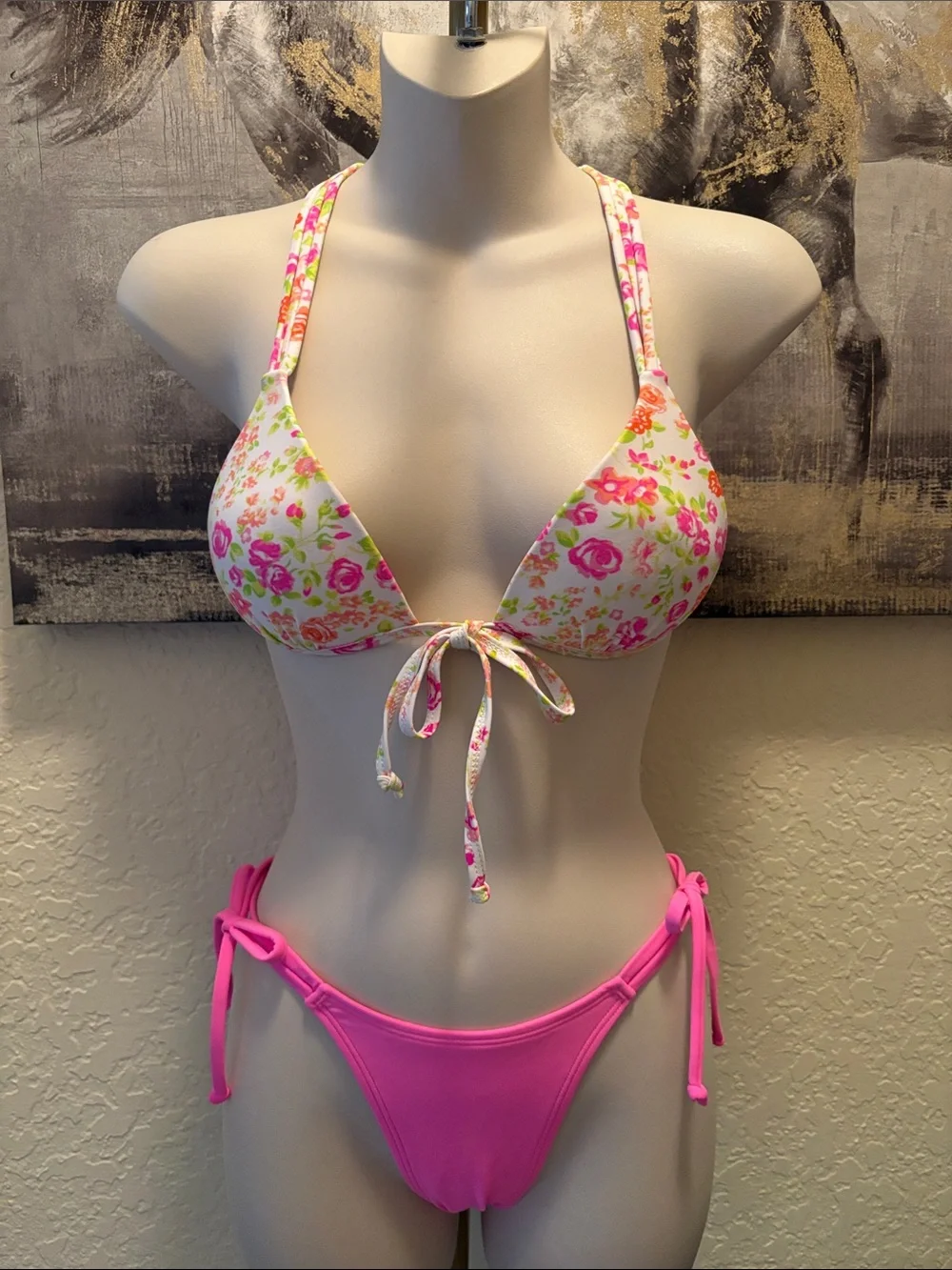 Floral Tie-Front Triangle Bikini Top with Pink Side-Tie Bottoms - Women Swim